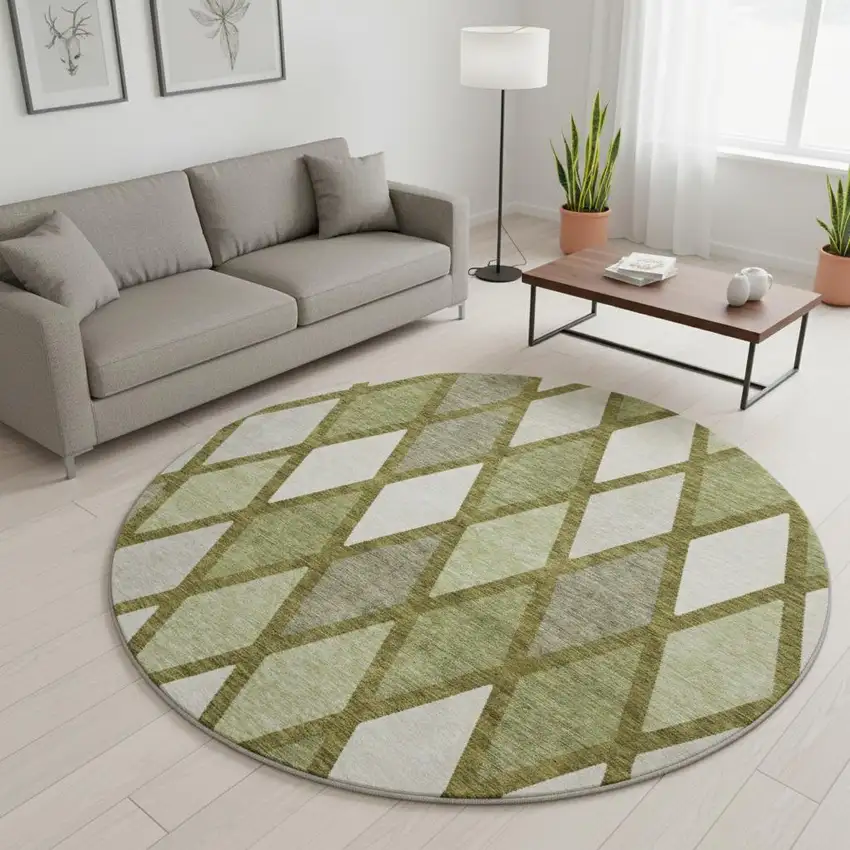 8' Olive Green And Ivory Geometric Washable Round Rug With UV Protection Photo 2