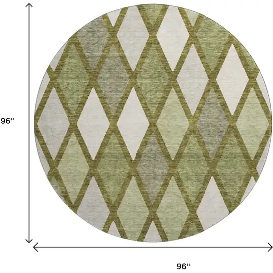 8' Olive Green And Ivory Geometric Washable Round Rug With UV Protection Photo 9