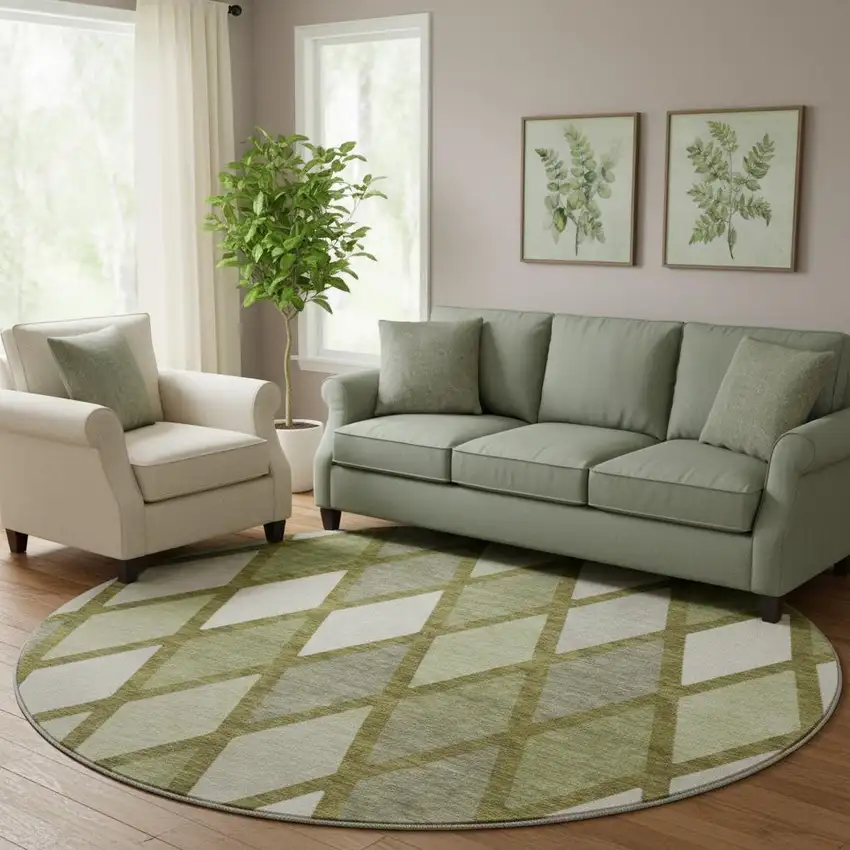 8' Olive Green And Ivory Geometric Washable Round Rug With UV Protection Photo 1