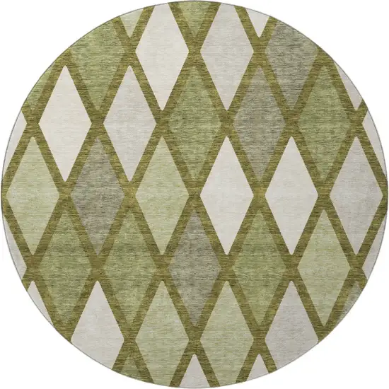 8' Olive Green And Ivory Geometric Washable Round Rug With UV Protection Photo 3