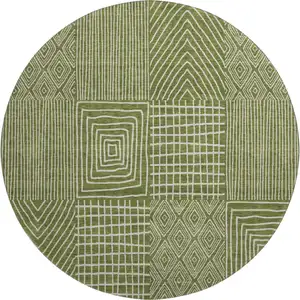 Photo of 8' Olive Green And Ivory Geometric Washable Round Rug With UV Protection