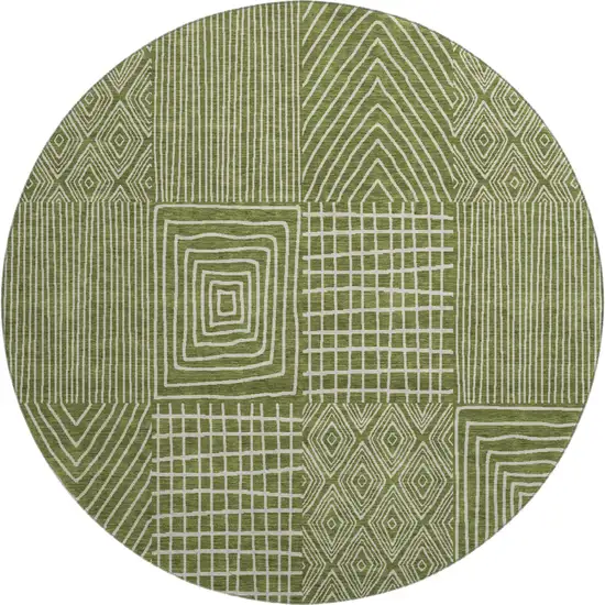 8' Olive Green And Ivory Geometric Washable Round Rug With UV Protection Photo 1