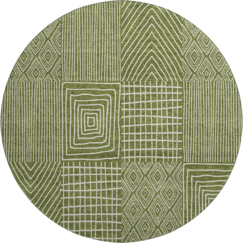 8' Olive Green And Ivory Geometric Washable Round Rug With UV Protection Photo 1