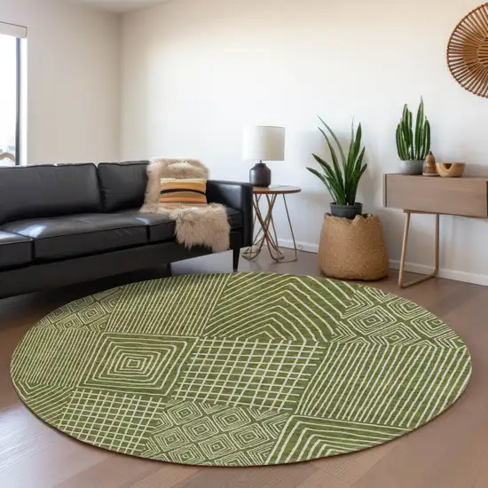 8' Olive Green And Ivory Geometric Washable Round Rug With UV Protection Photo 4