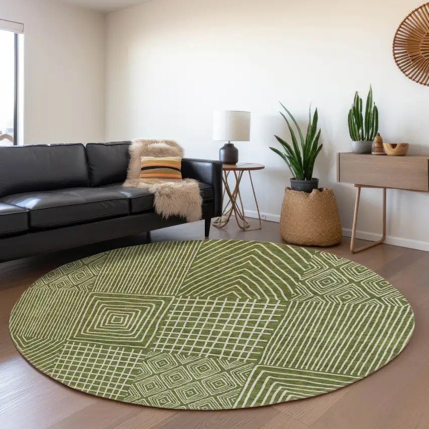 8' Olive Green And Ivory Geometric Washable Round Rug With UV Protection Photo 4