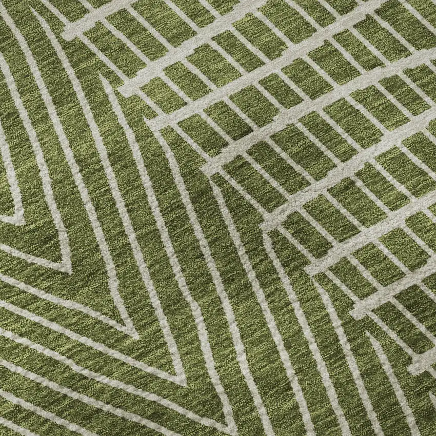 8' Olive Green And Ivory Geometric Washable Round Rug With UV Protection Photo 9