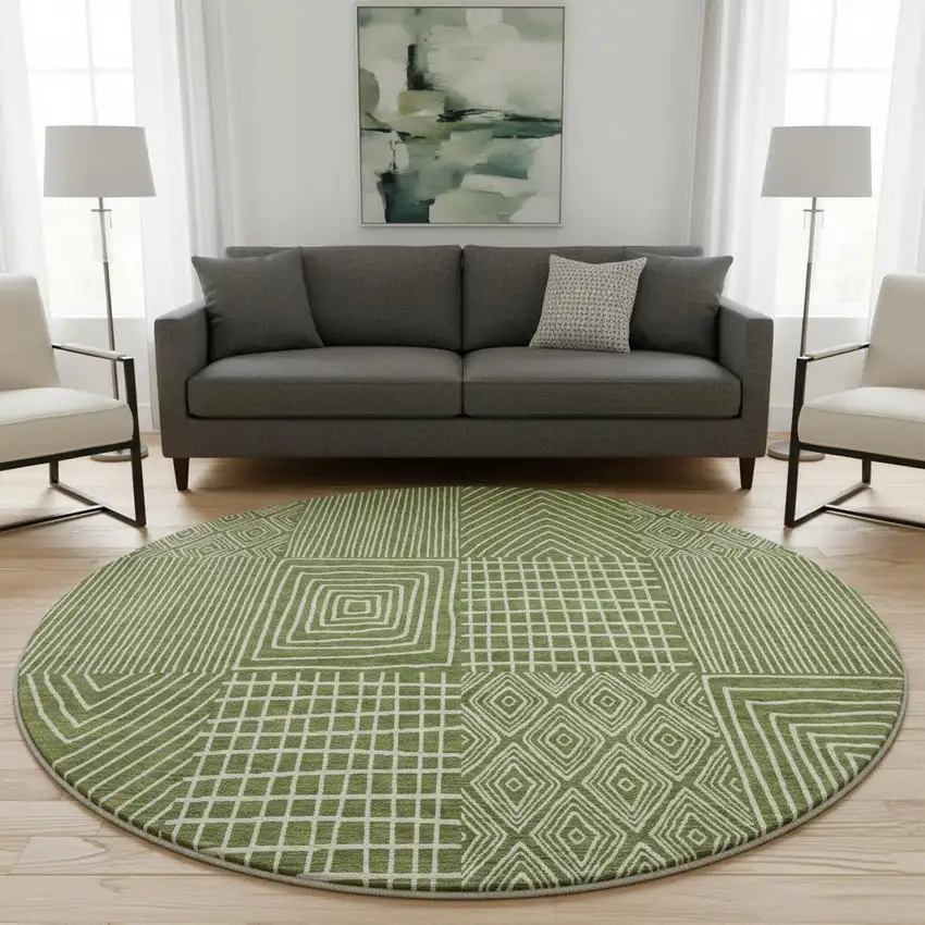 8' Olive Green And Ivory Geometric Washable Round Rug With UV Protection Photo 2