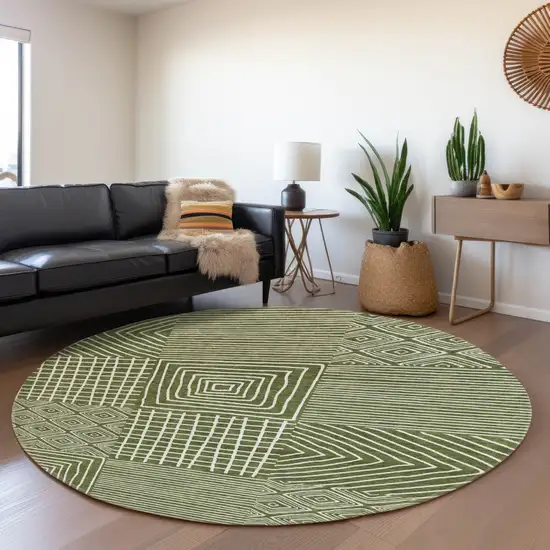 8' Olive Green And Ivory Geometric Washable Round Rug With UV Protection Photo 4