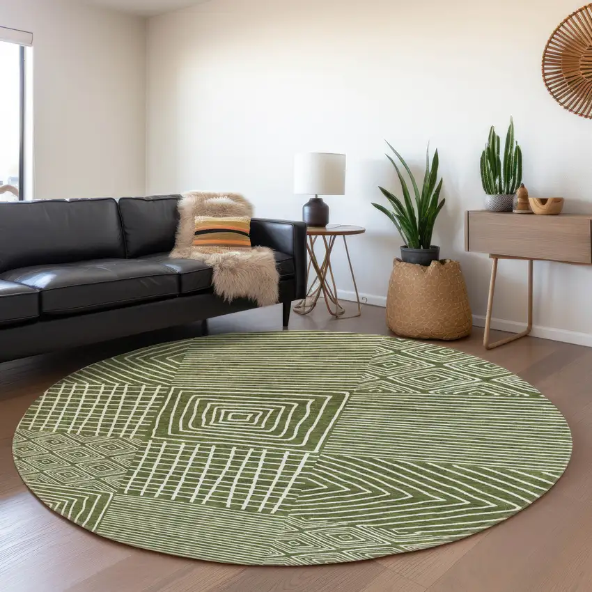 8' Olive Green And Ivory Geometric Washable Round Rug With UV Protection Photo 4