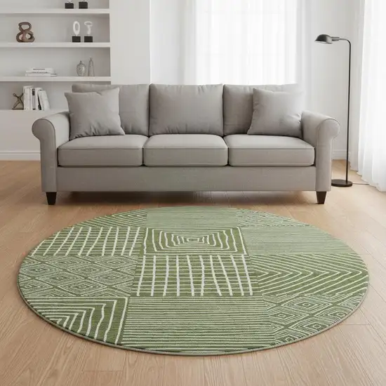 8' Olive Green And Ivory Geometric Washable Round Rug With UV Protection Photo 2