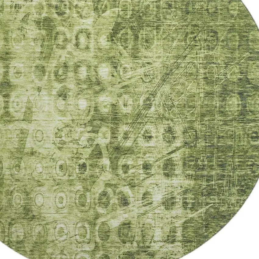 8' Olive Green And Ivory Ikat Washable Round Rug With UV Protection Photo 3