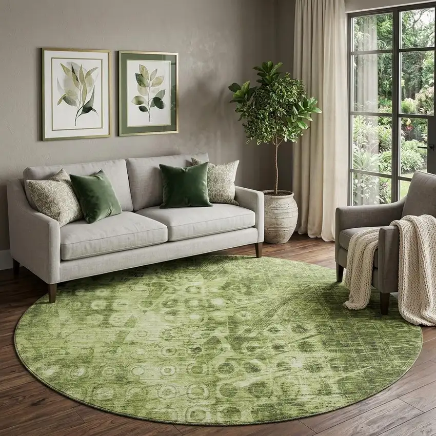 8' Olive Green And Ivory Ikat Washable Round Rug With UV Protection Photo 1