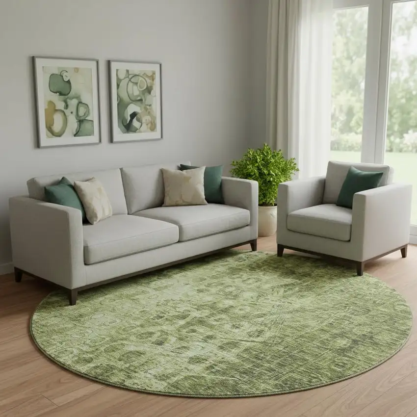 8' Olive Green And Ivory Ikat Washable Round Rug With UV Protection Photo 1