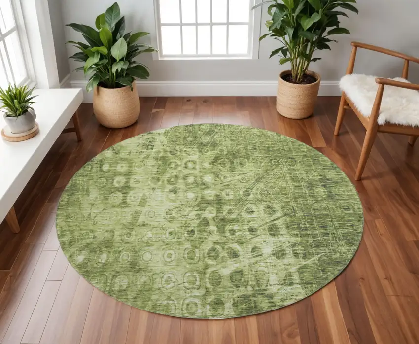 8' Olive Green And Ivory Ikat Washable Round Rug With UV Protection Photo 2