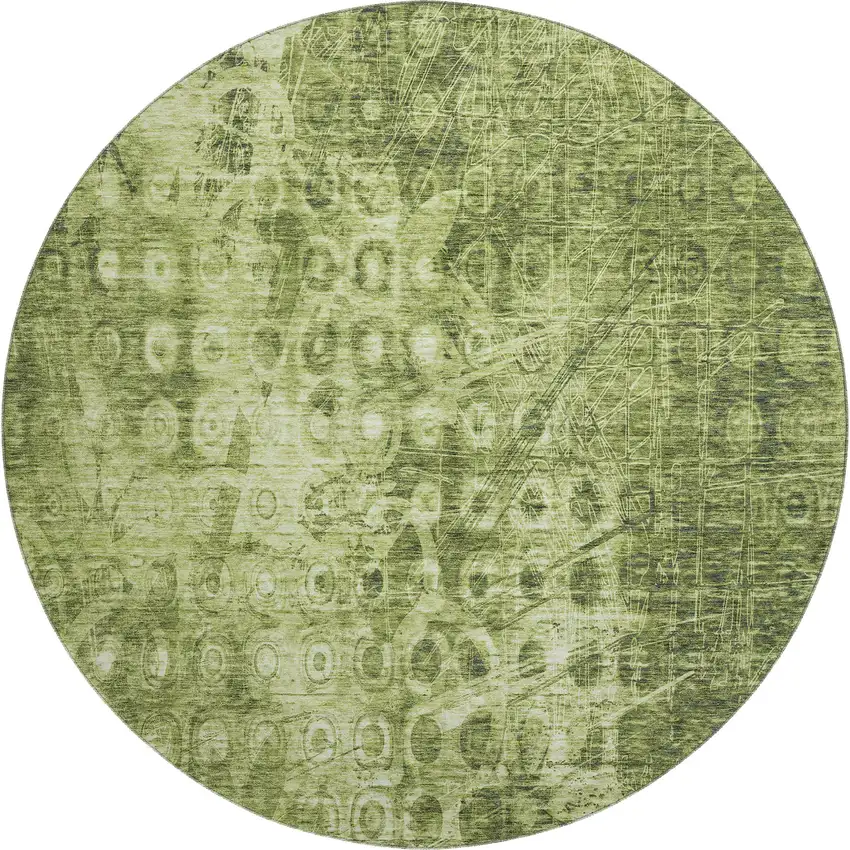 8' Olive Green And Ivory Ikat Washable Round Rug With UV Protection Photo 1
