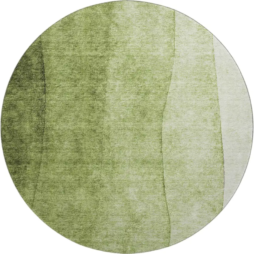 8' Olive Green And Ivory Ombre Washable Round Rug With UV Protection Photo 1