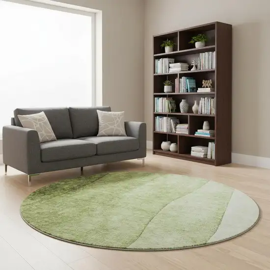 8' Olive Green And Ivory Ombre Washable Round Rug With UV Protection Photo 2