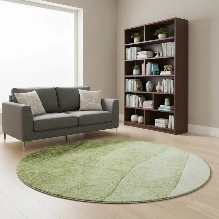 8' Olive Green And Ivory Ombre Washable Round Rug With UV Protection Photo 2