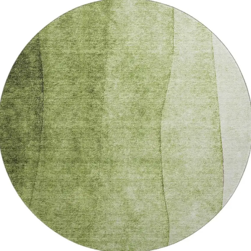 8' Olive Green And Ivory Ombre Washable Round Rug With UV Protection Photo 4