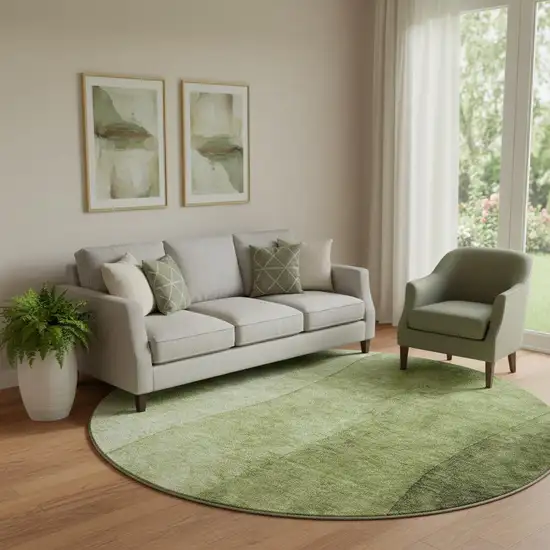 8' Olive Green And Ivory Ombre Washable Round Rug With UV Protection Photo 1
