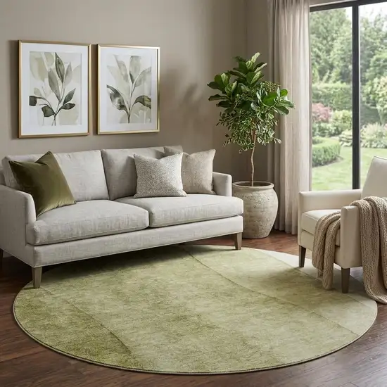 8' Olive Green And Ivory Ombre Washable Round Rug With UV Protection Photo 1