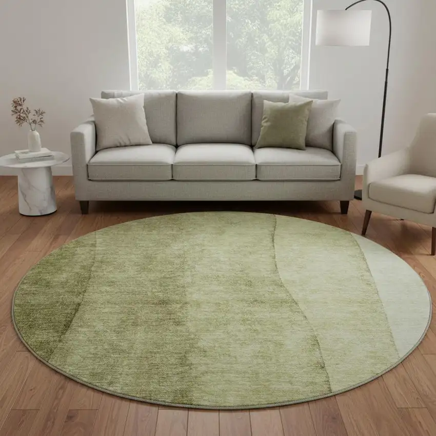 8' Olive Green And Ivory Ombre Washable Round Rug With UV Protection Photo 2