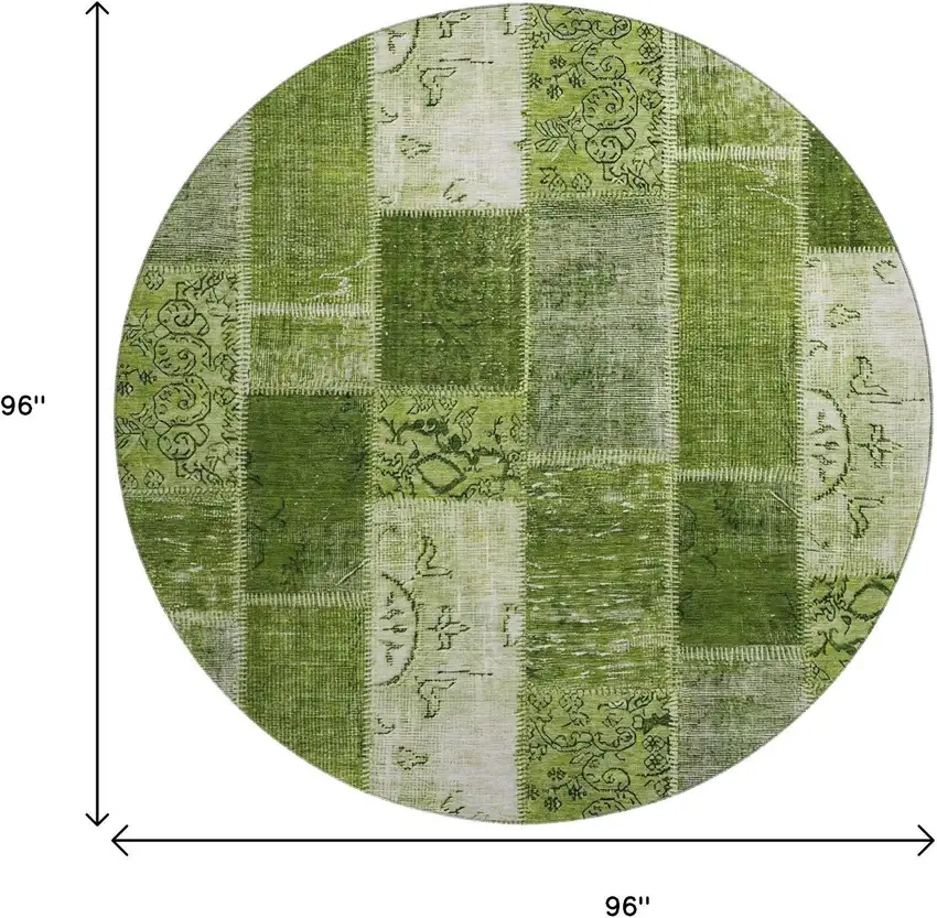8' Olive Green And Ivory Patchwork Washable Round Rug With UV Protection Photo 8