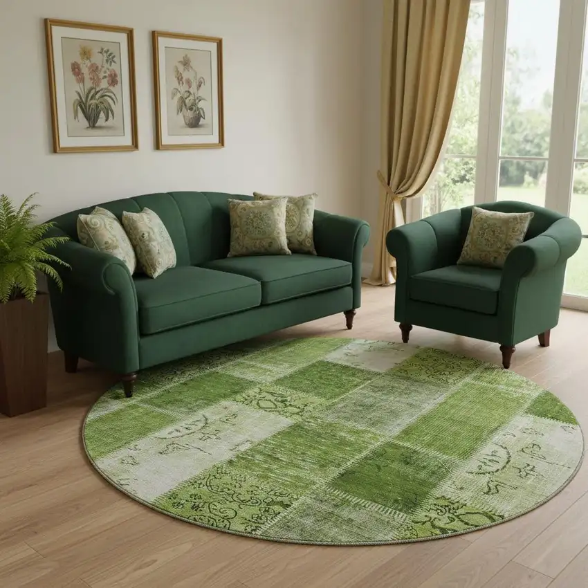 8' Olive Green And Ivory Patchwork Washable Round Rug With UV Protection Photo 1