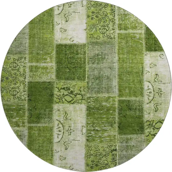 8' Olive Green And Ivory Patchwork Washable Round Rug With UV Protection Photo 1