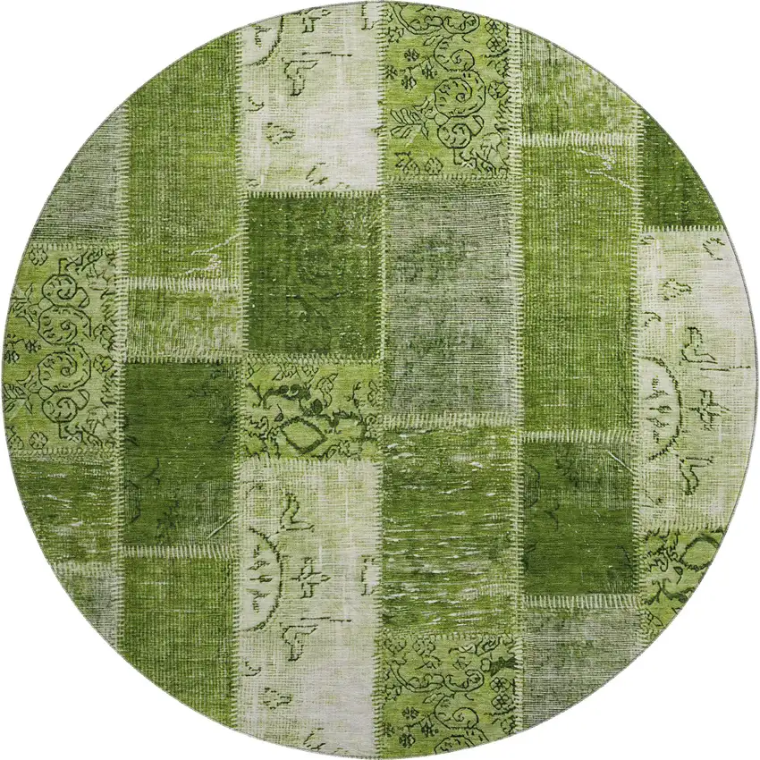 8' Olive Green And Ivory Patchwork Washable Round Rug With UV Protection Photo 1