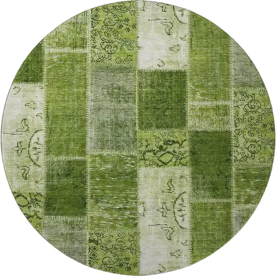 8' Olive Green And Ivory Patchwork Washable Round Rug With UV Protection Photo 2