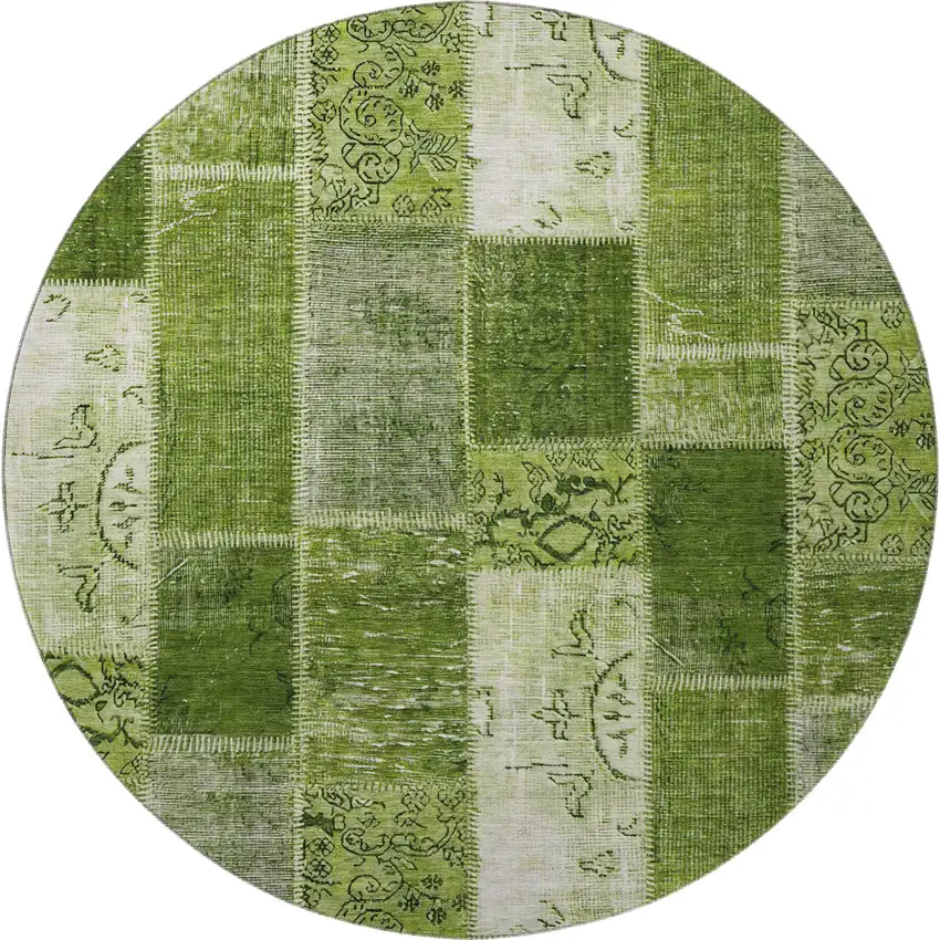 8' Olive Green And Ivory Patchwork Washable Round Rug With UV Protection Photo 2