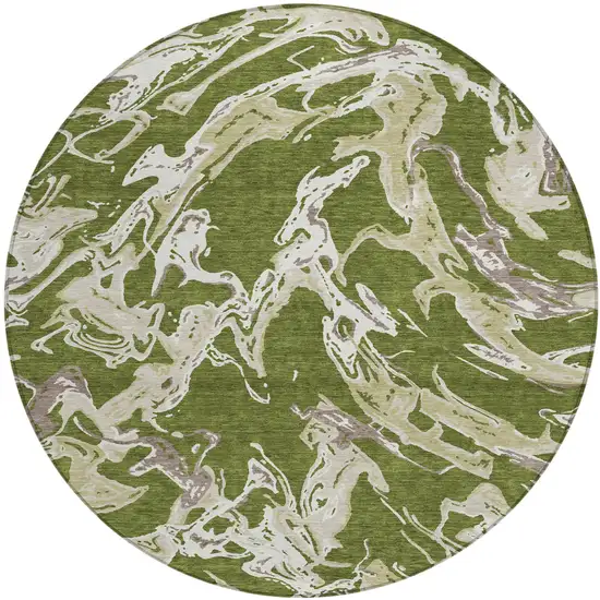 8' Olive Green And Ivory Round Abstract Washable Indoor Outdoor Area Rug Photo 2