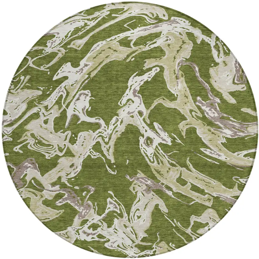 8' Olive Green And Ivory Round Abstract Washable Indoor Outdoor Area Rug Photo 2
