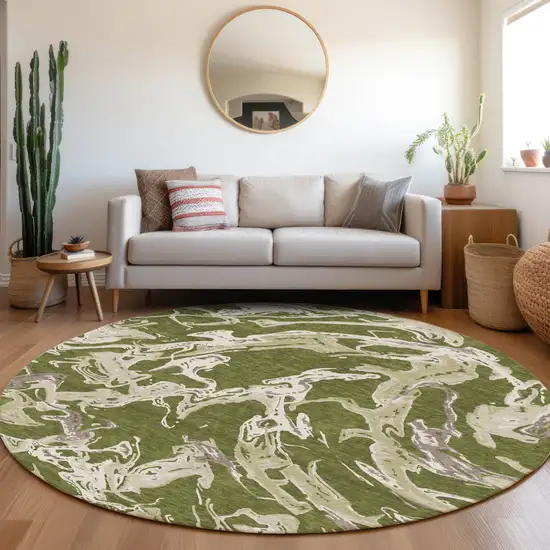 8' Olive Green And Ivory Round Abstract Washable Indoor Outdoor Area Rug Photo 8
