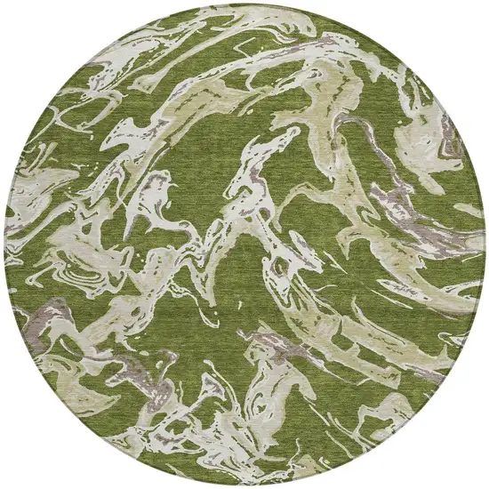 8' Olive Green And Ivory Round Abstract Washable Indoor Outdoor Area Rug Photo 6