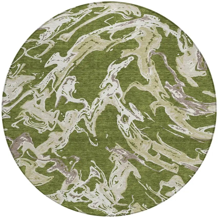8' Olive Green And Ivory Round Abstract Washable Indoor Outdoor Area Rug Photo 6