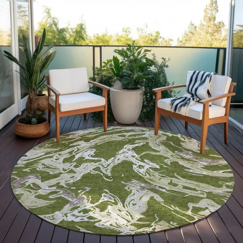 8' Olive Green And Ivory Round Abstract Washable Indoor Outdoor Area Rug Photo 7