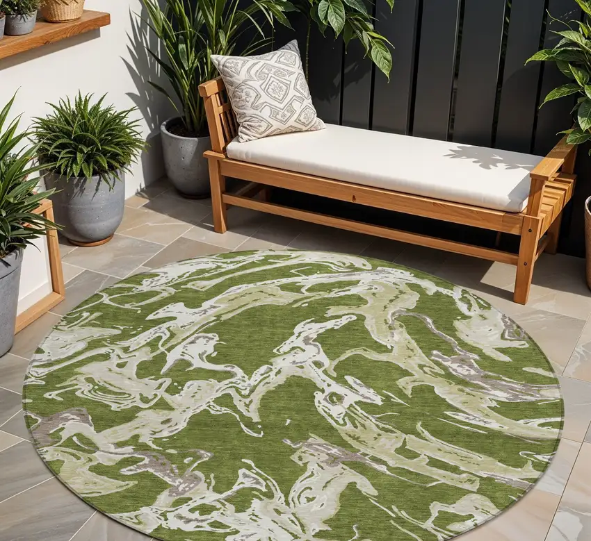 8' Olive Green And Ivory Round Abstract Washable Indoor Outdoor Area Rug Photo 1