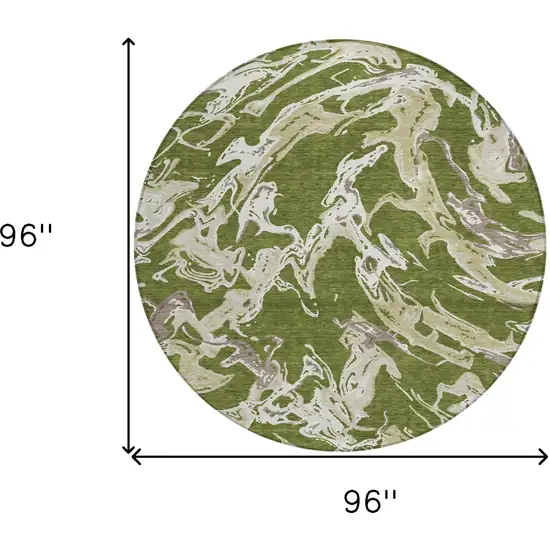 8' Olive Green And Ivory Round Abstract Washable Indoor Outdoor Area Rug Photo 3
