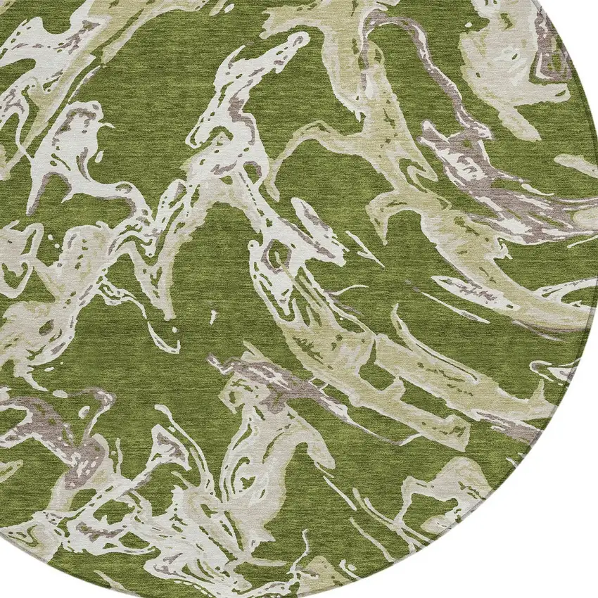 8' Olive Green And Ivory Round Abstract Washable Indoor Outdoor Area Rug Photo 4