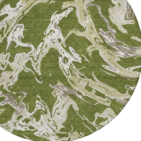8' Olive Green And Ivory Round Abstract Washable Indoor Outdoor Area Rug Photo 4
