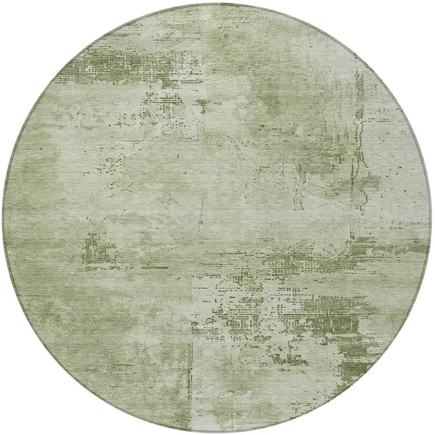8' Olive Green And Ivory Round Abstract Washable Indoor Outdoor Area Rug Photo 6