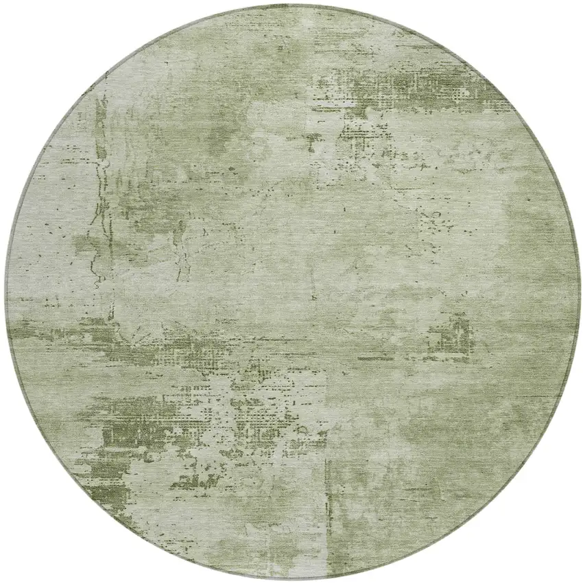 8' Olive Green And Ivory Round Abstract Washable Indoor Outdoor Area Rug Photo 2