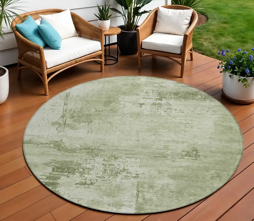 8' Olive Green And Ivory Round Abstract Washable Indoor Outdoor Area Rug Photo 1