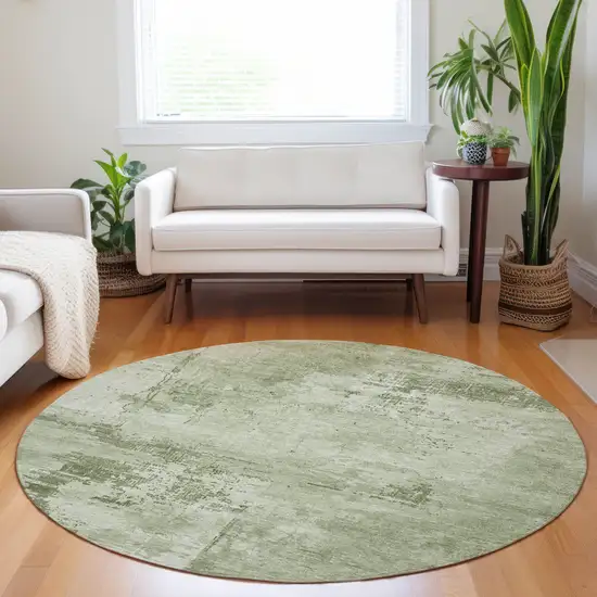8' Olive Green And Ivory Round Abstract Washable Indoor Outdoor Area Rug Photo 8