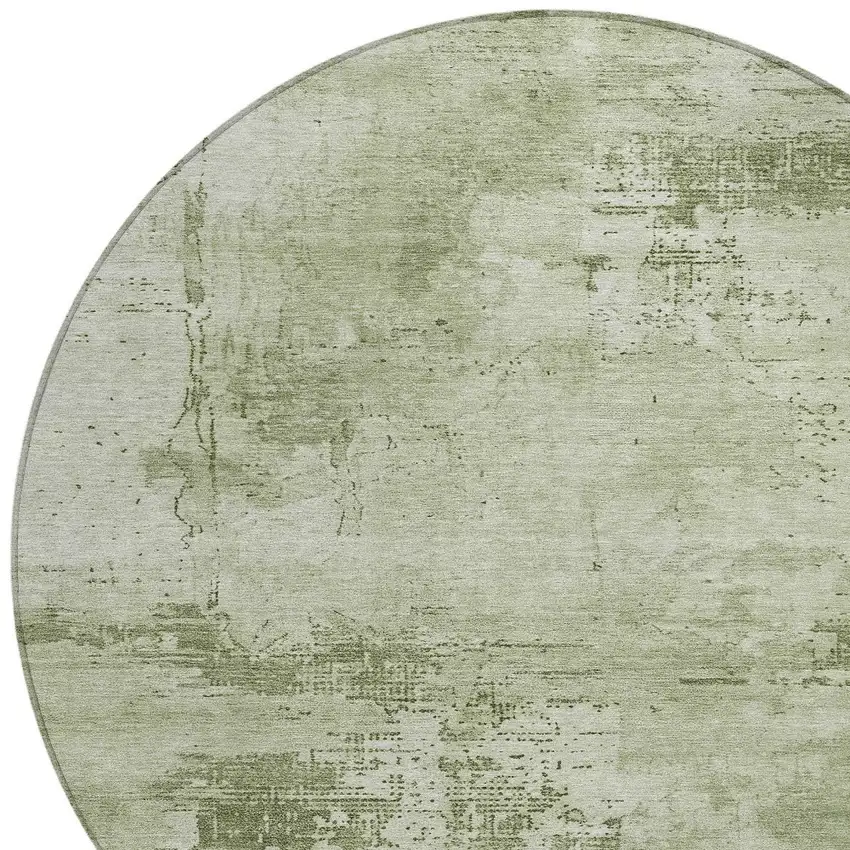 8' Olive Green And Ivory Round Abstract Washable Indoor Outdoor Area Rug Photo 5
