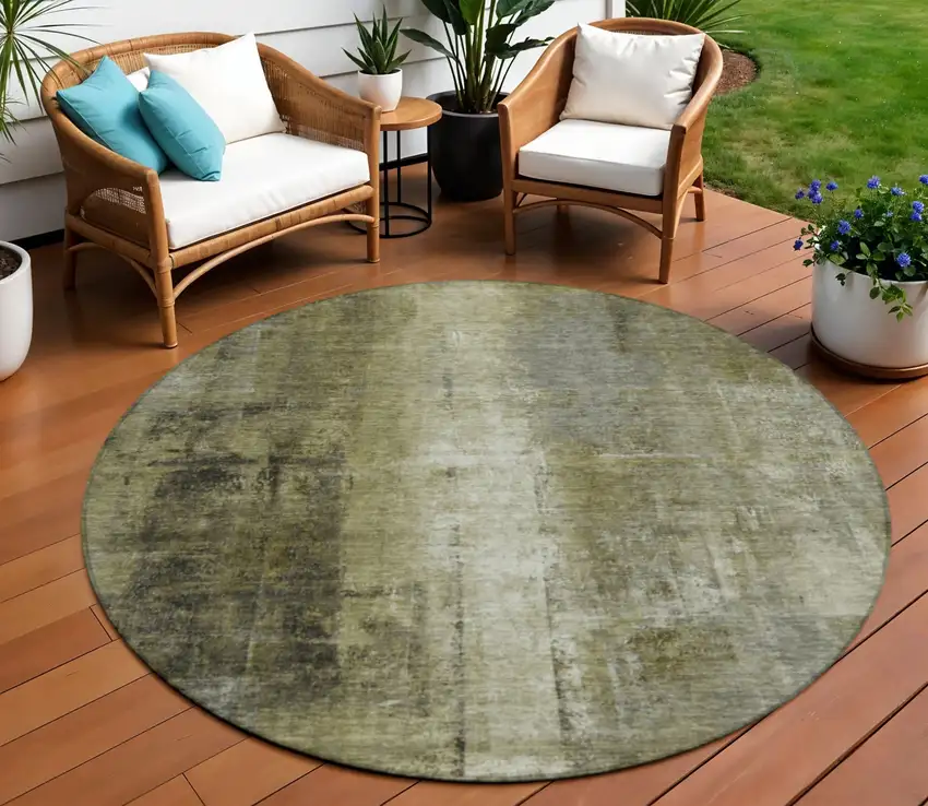 8' Olive Green And Ivory Round Abstract Washable Indoor Outdoor Area Rug Photo 2