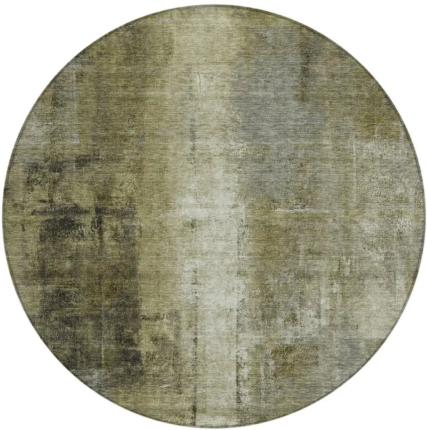 8' Olive Green And Ivory Round Abstract Washable Indoor Outdoor Area Rug Photo 1