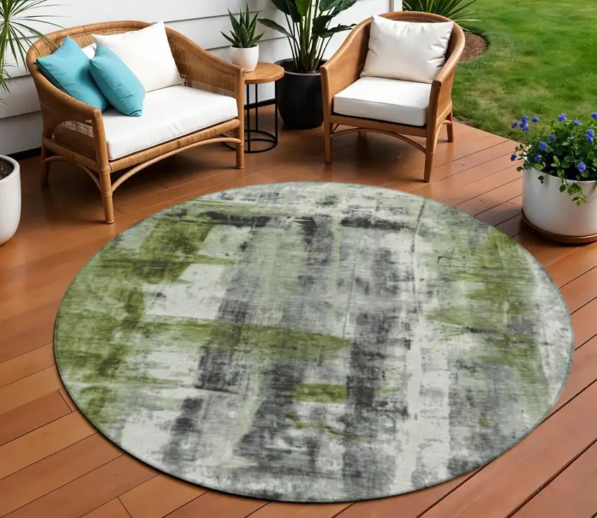 8' Olive Green And Ivory Round Abstract Washable Indoor Outdoor Area Rug Photo 2